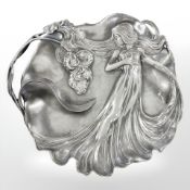 An Art Nouveau WMF pewter card tray depicting a maiden, diameter 31 cm.