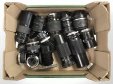 Assorted camera lenses including Tamron, Bell & Howell, Elicar, etc.