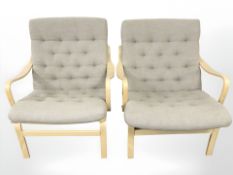 A pair of Scandinavian Lindlofs bentwood lounge armchairs.