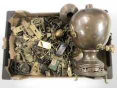 Assorted brass door furniture, a copper samovar, etc.