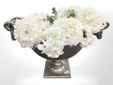 An impressive galvanised metal table centrepiece with rams head mount, 45 cm x 76 cm,