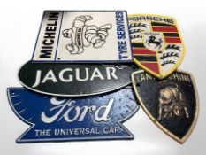 Five reproduction painted cast iron signs, to include Lamborghini, Jaguar, Ford,