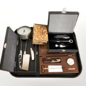 Two boxed wine opening sets, trinket box, quartz timepiece, etc.