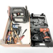 Assorted hand tools, jump starting kit, Black and Decker drill in carry case, etc.