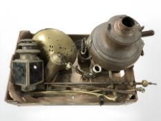 Assorted metal wares including a samovar, fire irons, lantern, etc.