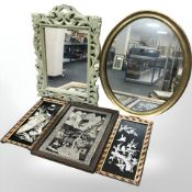 A gilt oval mirror, a further painted mirror,