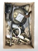 Assorted metal wares, pewter charger, skillet, brass sconces, etc.