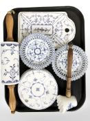 A group of Danish blue and white wall plates, pierced dishes, further matching rolling pin, etc.