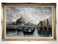 Continental School : Gondolas by Ponte Sant'Angelo with Mausoleum of Hadrian beyond, oil on board,