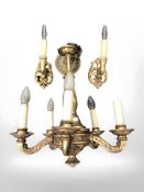 A gilt jesso chandelier and similar pair of wall sconces.