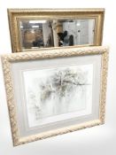 A reproduction oak overmantel mirror and a gilt framed print CONDITION REPORT: