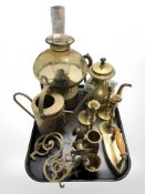 A brass oil lamp, tea pot, watering can, candlesticks, etc.