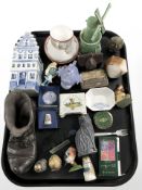 A tray various collectibles including a Dutch Gouda blue and white figure of a house and further