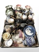 Assorted transfer printed vases, teapots, cranberry glass items, pewter lidded steins, etc.