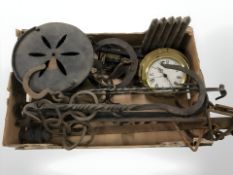 A group of antique iron balance scales, a reproduction brass ships style quartz timepiece, etc.