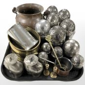 A group of silver plated egg shaped containers, brass and copper pots,