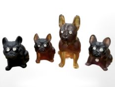 Four Czechoslovakian Art Deco glass bulldogs with paste-set eyes, tallest 10cm.