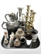 Assorted pewter and silver plated wares, three brass candlesticks, crested china,