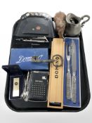 A group of items including cutlery, dominoes, precision drawing set, carved elephant, lighter, etc.