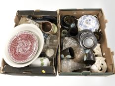 Assorted pottery porcelain and glass, collectors plates, decanters, etc.