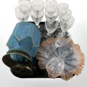 Assorted crystal wine glasses, a blue etched glass hanging lantern and a further glass dish.