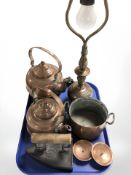 Two copper kettles, iron, twin handled pot, lamp base, etc.