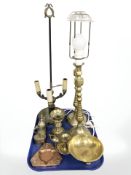 A pair of brass candlesticks converted to table lamps, pricket candlestick,
