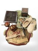 A group of gilt serving trays, continental carved items, two lacquer ware sugar pots, etc.