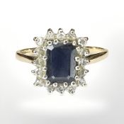 A 9ct yellow gold sapphire and diamond cluster ring, size O. CONDITION REPORT: 2.4g.