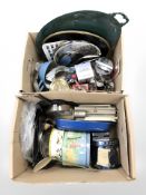 Assorted kitchenalia, tins, stainless steel cutlery, serving platters, etc.