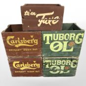 Four painted pine bottle crates including Carlsberg, each approximately 48 cm wide.