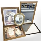 A gilt framed bevelled mirror, assorted pine framed prints and further mirrors.