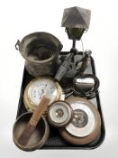 Three barometers, table lighter, vintage blow lamp, copper plated swing handled pot, etc.