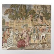 A needlework tapestry depicting figures in traditional dress by steps, 67 cm x 62 cm.