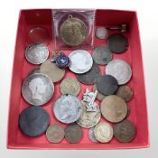 A George III silver crown, half crown, other bronze and copper coins, Coronation medallions,