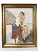 H Tarek : Woman standing by rocks, oil on canvas, 37 cm x 48 cm.