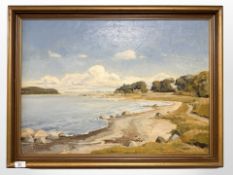 T B Dahl : Buildings by an estuary, oil on canvas, 69 cm x 49 cm.