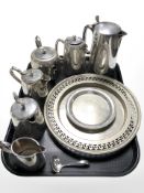 A group of EPNS tea wares, salver, card tray, etc.