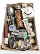 Assorted figurines, golf trophy, toby jugs, pottery biscuit barrel decorated with fairies, etc.