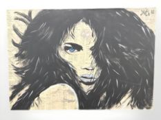 Yeti (Contemporary) : Portrait of a lady with black hair, acrylic on invoice paper, laid to canvas,