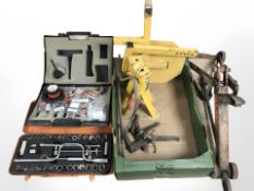 A group of axle stands, Nissan car care kit, a Draper socket set, etc.