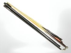 A Henry Murton lacquered metal case and further tube with three snooker cues