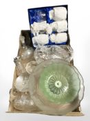 A group of glass fruit bowls, decanters, boxed set of six Edinburgh crystal brandy balloons, etc.