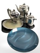 A silver plated spirit kettle on stand, two further tea pots, a salver,