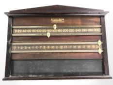 A Burroughes & Watts Ltd mahogany and brass snooker scoreboard, width 69 cm.