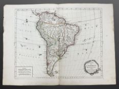 An 18th century hand coloured map of South America, probably Bourgoin, circa 1700,