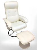 A 20th century cream leather swivel lounge chair and similar foot stool.