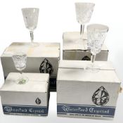Four boxed sets of six Waterford Crystal Clare pattern drinking glasses, tallest 15 cm.