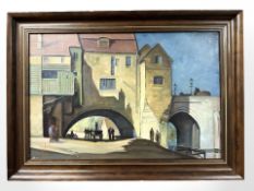 Danish School : Figures by a bridge, oil on canvas, 48 cm x 32 cm.