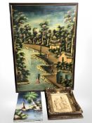 Two Eastern oil paintings on canvas and a relief plaque in ornate frame,